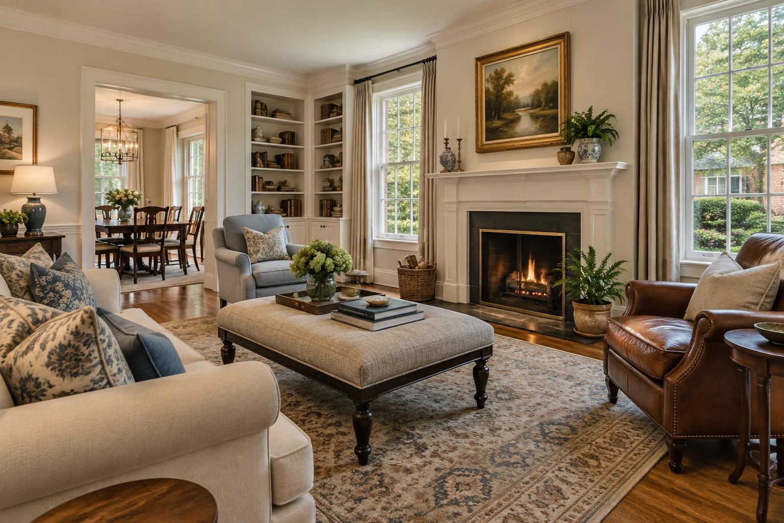 Warm traditional living room in a Mid-Atlantic colonial home